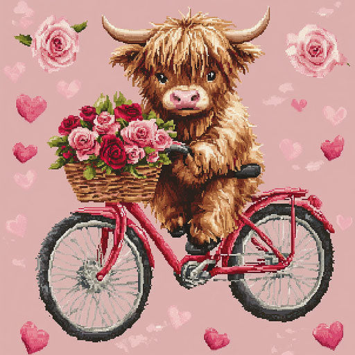 Cute Baby Highland Cow on a red bicycle with a basket full of roses, surrounded by hearts and flowers in pink tones, an adorable cross-stitch pattern.