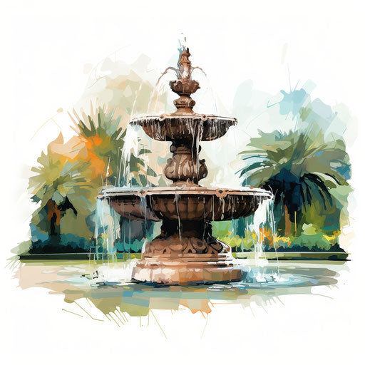 Fountain clipart in the style of Oil painting, on a white background