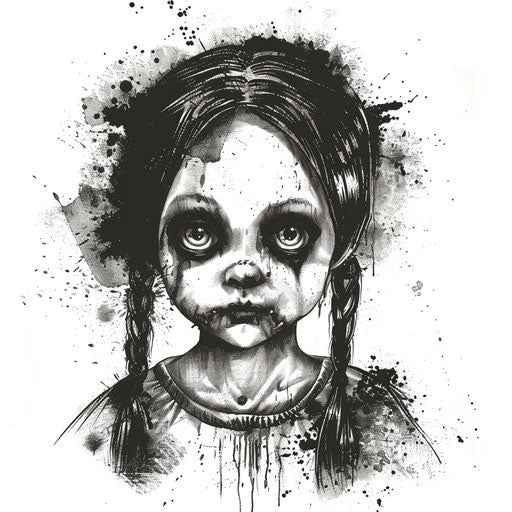 Creepy doll with empty eyes, horror tattoo on white background