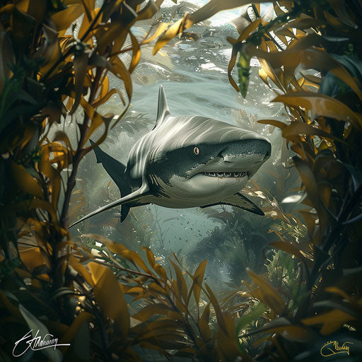 Bull shark navigating through giant kelp