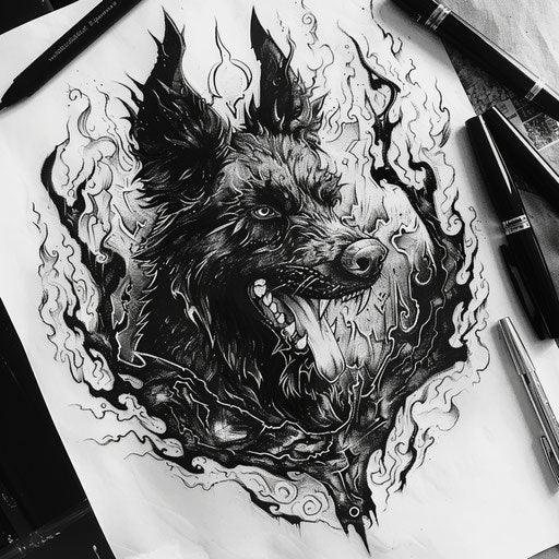 Bold and dark flat tattoo sketch with a hellhound guarding the underworld entrance