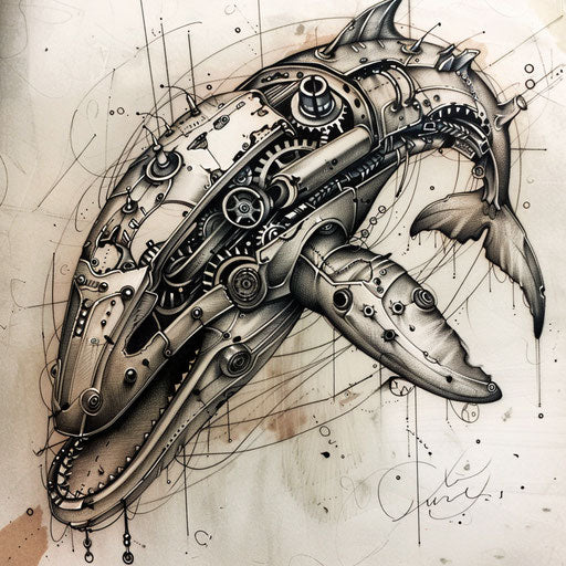 Sci-fi tattoo sketch of a mechanical whale
