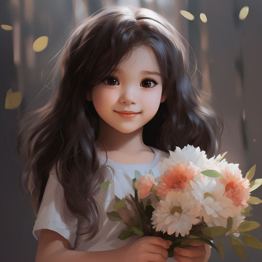 Girl holding flowers as gift, anime realistic style
