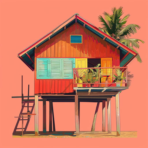 Realistic house clipart on flat vibrant coral background
