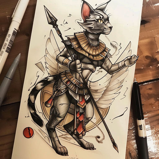 Dynamic flat tattoo sketch of Bastet in battle with a spear and shield