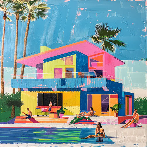 Beach house with lively beachgoers