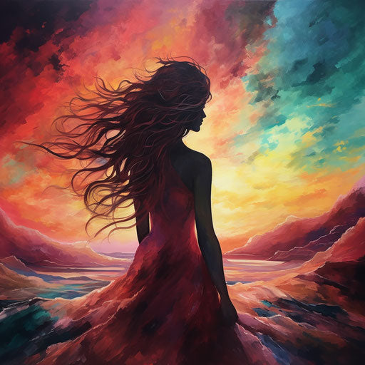 Woman silhouette with long hair on mountain top, crimson and teal style, colorful skies, beautiful, frayed, wavy