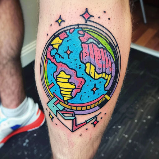 Retro 1980s color theme in a flat tattoo sketch of Earth