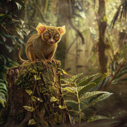 Tarsier on alert on tree stump in lush rainforest