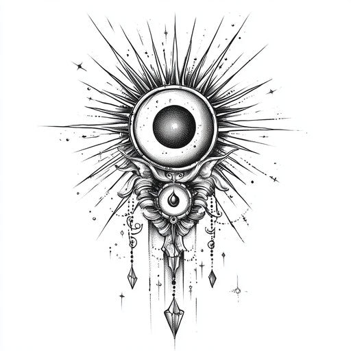 Celestial sunburst upper arm tattoo for women
