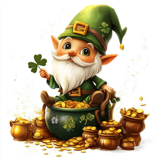 St. Patrick's Day clipart with a cute gnome on a pot of gold
