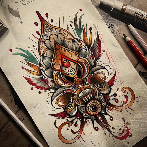 Vintage tattoo sketch of a Kalinga design with a retro feel and muted color palette