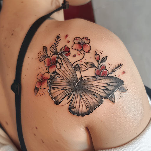 Traditional Japanese butterfly cherry blossom tattoo, bold lines