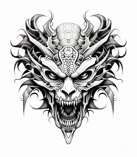 Black and white skull illustration in twisted futurism style
