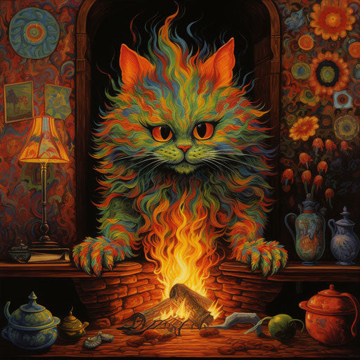 Louis Wain cat in front of a fire in a fireplace