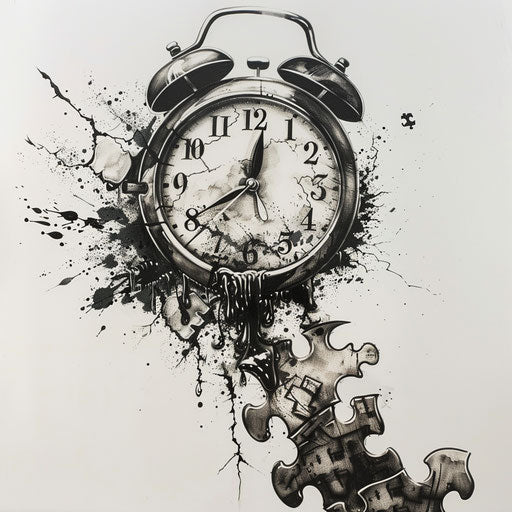 Surrealist tattoo: melting clock on puzzle piece, autism symbol