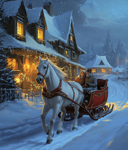 White horse pulling elegant red sleigh in snowy Christmas village