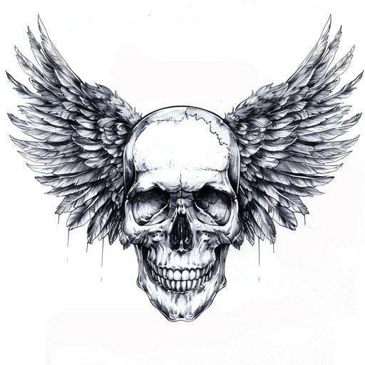 Skull tattoo with angel wings on white background