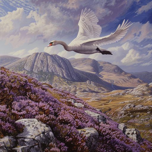 Swan flying over heather moorland, rugged mountains