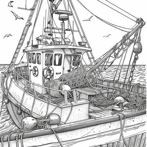 Fishing boat with nets and fishing gear