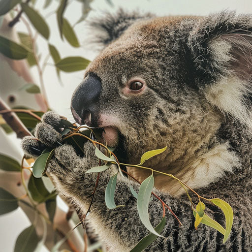 Koala eating eucalyptus leaves close-up