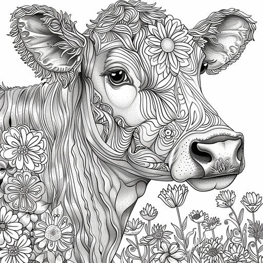 Highly detailed cow zentangle pattern. Coloring book page