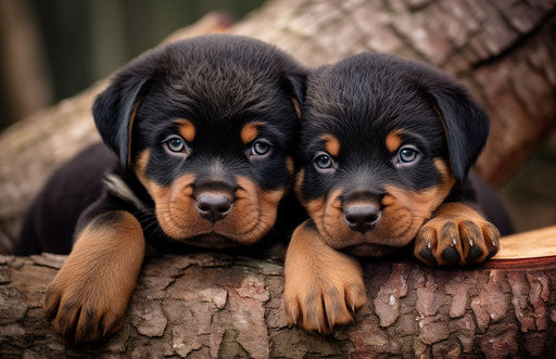 Rottweiler puppies and cats in somber tone, macro lens, emotive expression, realistic details, maroon and green 17:11
