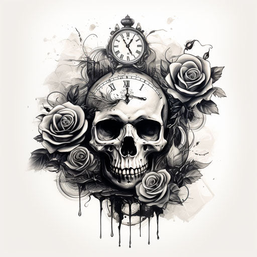 Black and white tattoo of skull, roses, and clock