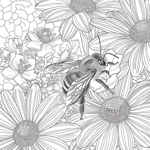 Bee pollinating a flower, coloring book page