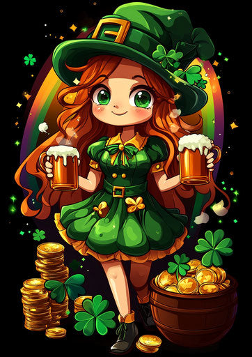 St. Patrick's Day t-shirt design, anime-style girl in green dress and hat holding beer mugs, by pot of gold coins with rainbow background, shamrocks at feet, on black