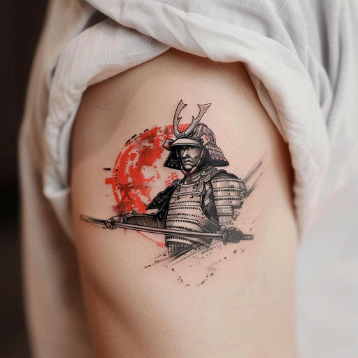 Small tattoo featuring a samurai warrior, in the style of Adrian Smith