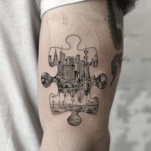 Intricate puzzle piece tattoo with city microcosm on white