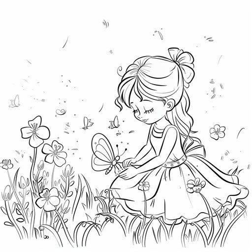 Cute princess playing with a butterfly in a flower field