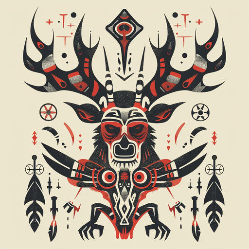 Cultural flat tattoo sketch of a Wendigo with Native American art motifs and symbols