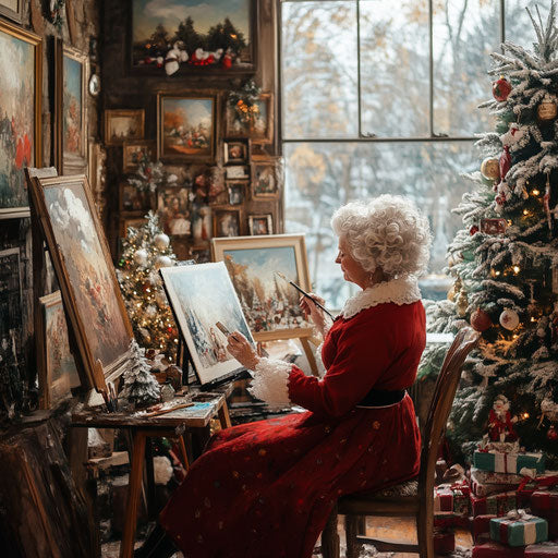 Mrs. Claus painting holiday scenes in art studio