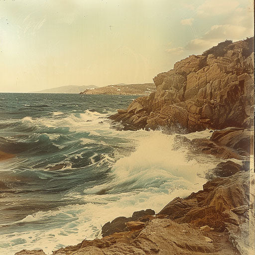 Golden Beach (Paros), Greece with dramatic waves against rocky shore