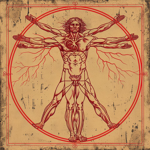 Heartwarming tattoo sketch of the Vitruvian Man with superimposed heart anatomy, in vivid reds, health-themed clipart design