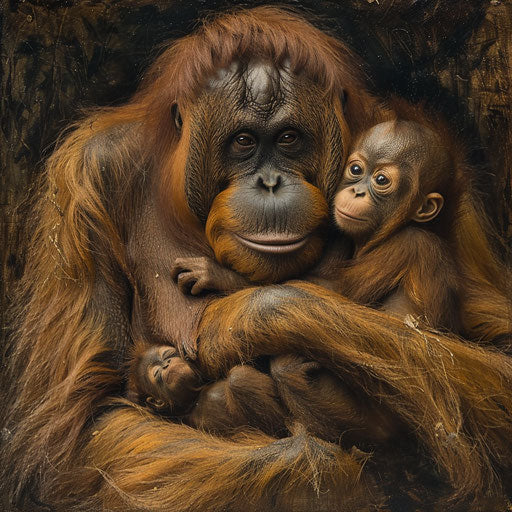 Orangutan mother cradling her baby in the style of Will Burrard-Lucas