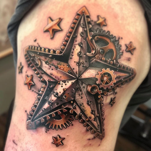 Steampunk-inspired nautical star tattoo featuring gears and copper tones on white