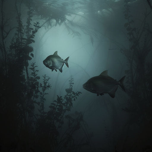 Piranha fish in a misty underwater environment