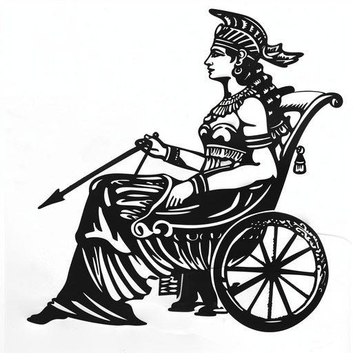 Tattoo stencil design of Cleopatra in a chariot, elegant black lines on white