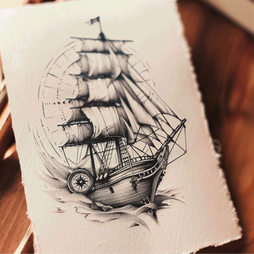 Maritime-themed memorial tattoo with ship and compass