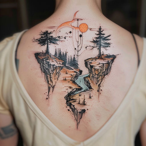 Flat tattoo sketch of obsidian landscape in pastel