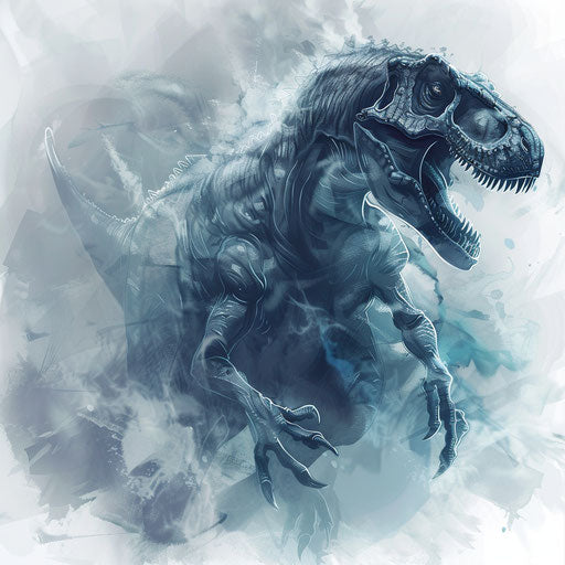 Eerie flat tattoo sketch of a ghostly T rex emerging from the mist, muted grays and blues, clipart style