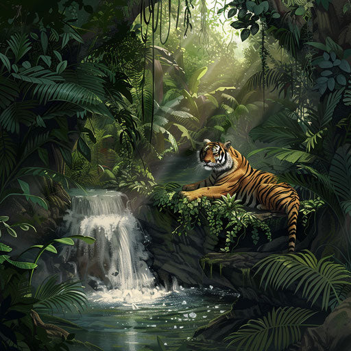 Tiger resting by a peaceful waterfall in lush jungle