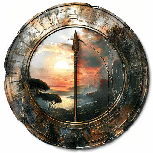 Spartan sunset landscape on spear and shield