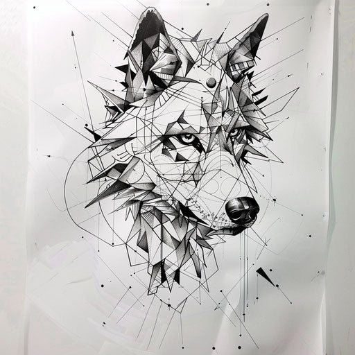 Geometric animal tattoo design combining wolf forms and geometry on white canvas