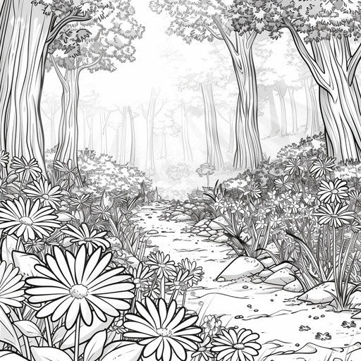 Forest clearing filled with wildflowers and soft dappled sunlight. Coloring book page