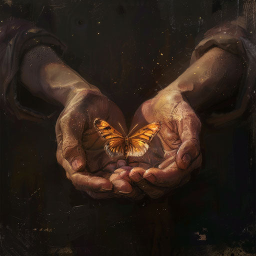 Gentleness of a pair of hands holding a small butterfly