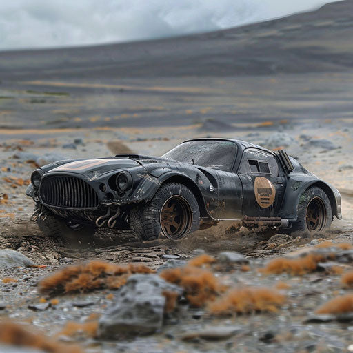 Post-apocalyptic Shelby Daytona with armor plating and off-road tires, navigating a barren wasteland